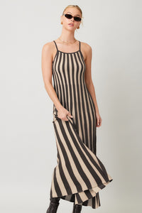 BLACK AND BEIGE RIBBED KNIT MAXI DRESS
