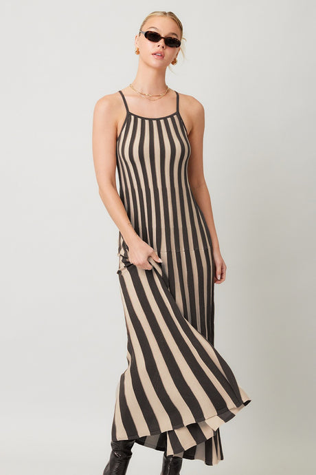 BLACK AND BEIGE RIBBED KNIT MAXI DRESS