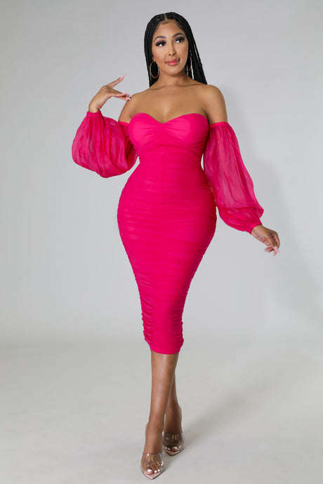 FUCHSIA OFF SHOULDER SHEER BALLOON SLEEVE DRESS