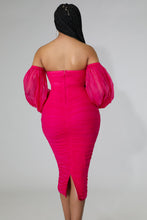 Load image into Gallery viewer, FUCHSIA OFF SHOULDER SHEER BALLOON SLEEVE DRESS