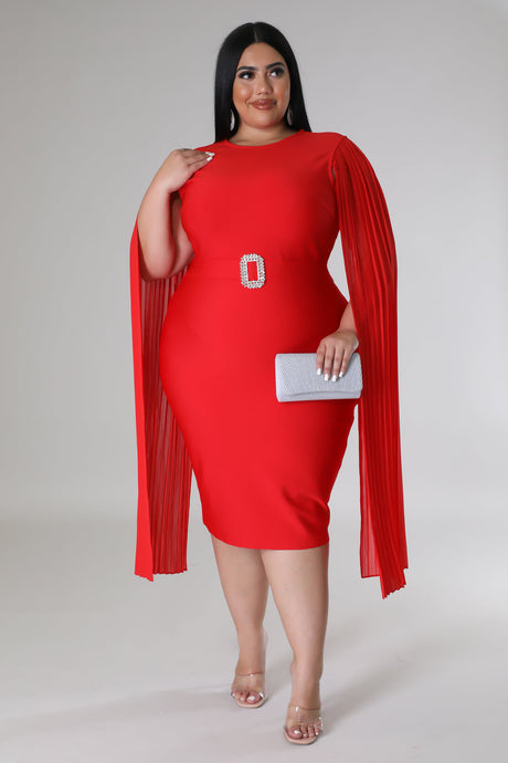 LONG PLEATED DRAPE SLEEVE MIDI BANDAGE DRESS