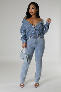 ALLOVER EMBELLISHED DENIM TOP
