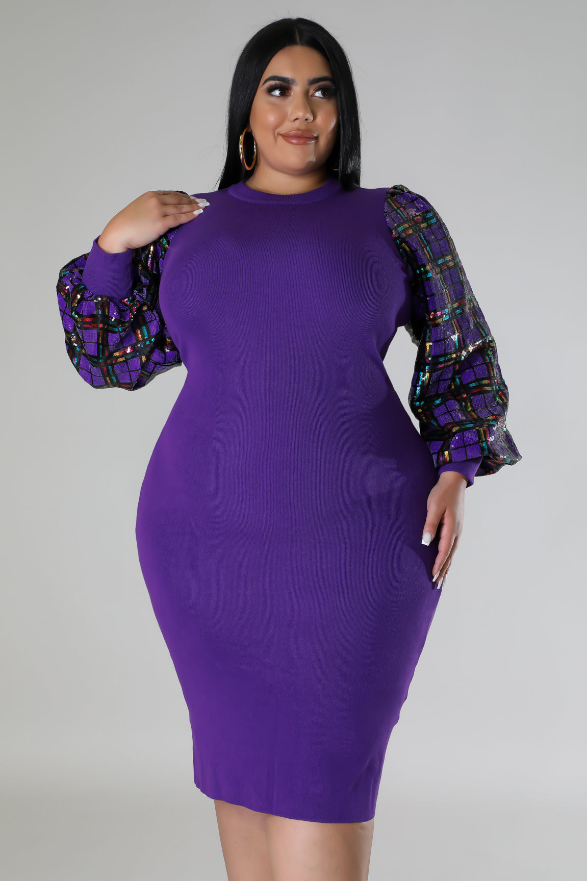 CURVY PLAID SEQUIN BALLOON SLEEVE DRESS Arelia's Dream CURVY PLAID SEQUIN BALLOON SLEEVE DRESS Arelia's Dream