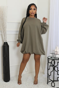 OLIVE DRAWSTRING BUBBLE DRESS
