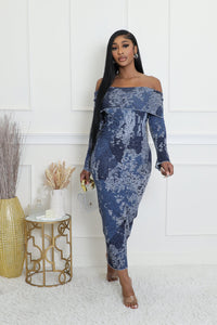 BLUE PRINTED OFF SHOULDER LONG KNIT DRESS