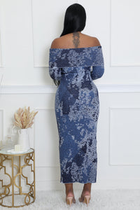 BLUE PRINTED OFF SHOULDER LONG KNIT DRESS