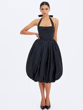 Load image into Gallery viewer, VERADIS BLACK TAFFETA HALTER BUBBLE-HEM MIDI DRESS