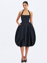 Load image into Gallery viewer, VERADIS BLACK TAFFETA HALTER BUBBLE-HEM MIDI DRESS