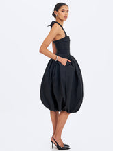 Load image into Gallery viewer, VERADIS BLACK TAFFETA HALTER BUBBLE-HEM MIDI DRESS
