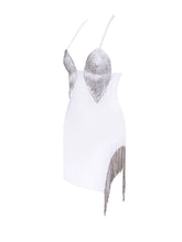 Load image into Gallery viewer, QUENNA WHITE HALTER NECK DRESS WITH CRYSTAL FRINGE