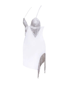 QUENNA WHITE HALTER NECK DRESS WITH CRYSTAL FRINGE