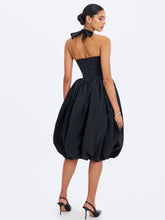Load image into Gallery viewer, VERADIS BLACK TAFFETA HALTER BUBBLE-HEM MIDI DRESS