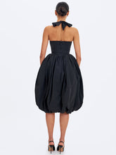 Load image into Gallery viewer, VERADIS BLACK TAFFETA HALTER BUBBLE-HEM MIDI DRESS
