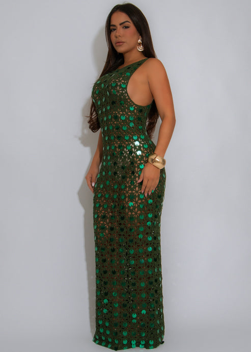 CHROCHET SEQUIN HUNTER GREEN MAXI DRESS