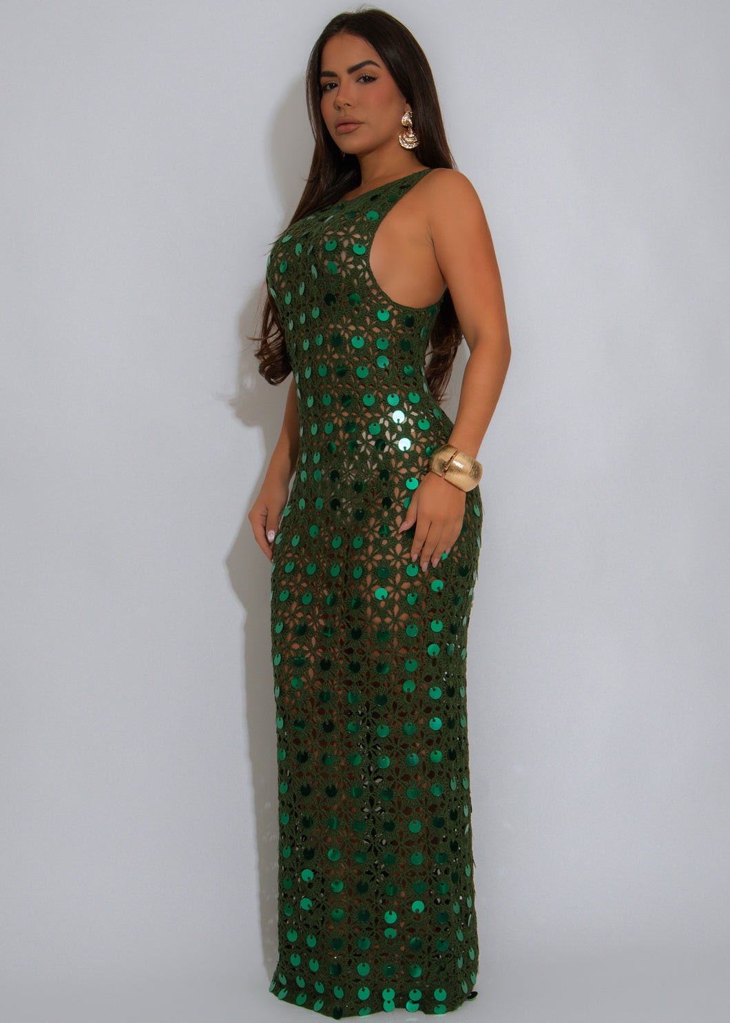 CHROCHET SEQUIN HUNTER GREEN MAXI DRESS