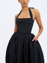 Load image into Gallery viewer, VERADIS BLACK TAFFETA HALTER BUBBLE-HEM MIDI DRESS