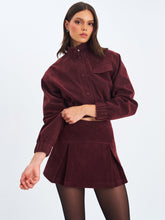 Load image into Gallery viewer, FARYN MAHOGANY VEGAN SUEDE PLEATED A-LINE MINI SKIRT