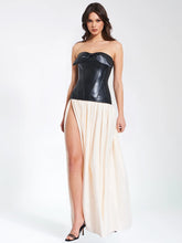 Load image into Gallery viewer, MAAYAN BLACK VEGAN LEATHER CORSET HIGH SLIT DROP WAIST MAXI DRESS