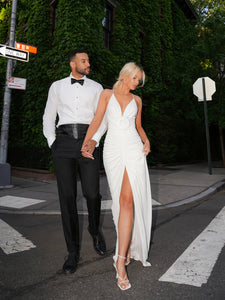 GLEN WHITE STRAPPY DEEP V BACKLESS MAXI DRESS