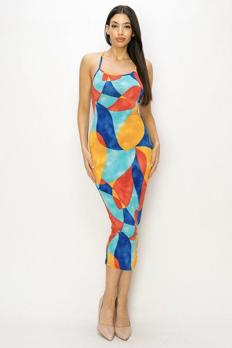 ABSTRACT PRINT CROSS BACK MIDI DRESS