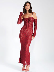 UDAYA BURGUNDY LACE LONG SLEEVE MAXI DRESS