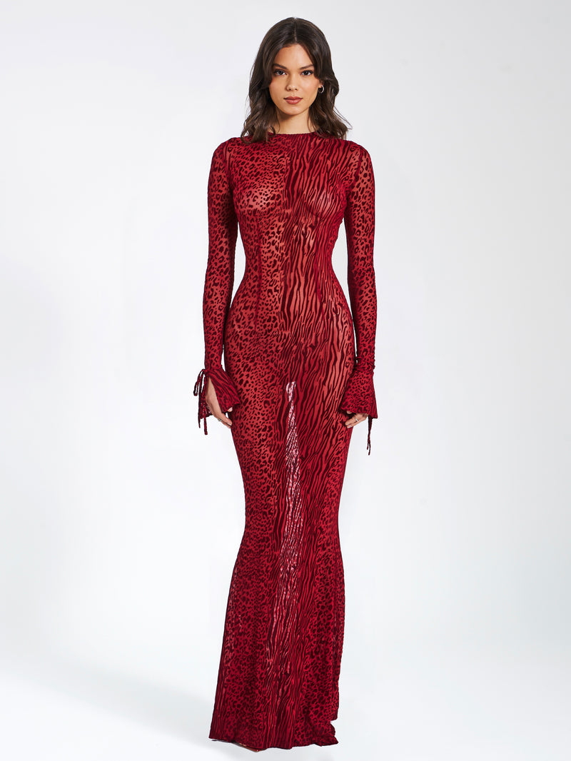 burgundy burnout dress PATRICIA BURGUNDY LEOPARD BURNOUT VELVET MESH BACKLESS MAXI DRESS Arelia's Dream