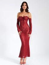 Load image into Gallery viewer, UDAYA BURGUNDY LACE LONG SLEEVE MAXI DRESS