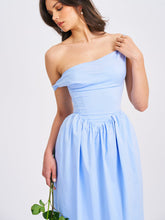 Load image into Gallery viewer, REINA BLUE DROP WAIST CORSET MIDI DRESS