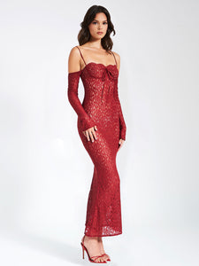 UDAYA BURGUNDY LACE LONG SLEEVE MAXI DRESS