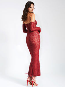 UDAYA BURGUNDY LACE LONG SLEEVE MAXI DRESS