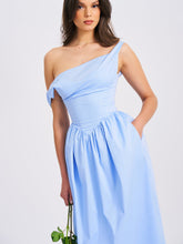 Load image into Gallery viewer, REINA BLUE DROP WAIST CORSET MIDI DRESS