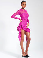 Load image into Gallery viewer, OMAIRA FUCHSIA LACE LONG SLEEVE RUFFLE DRESS