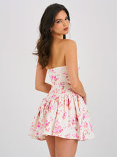 Load image into Gallery viewer, SAMARA FLORAL DROP WAIST LINEN CORSET PUFFY MINI DRESS