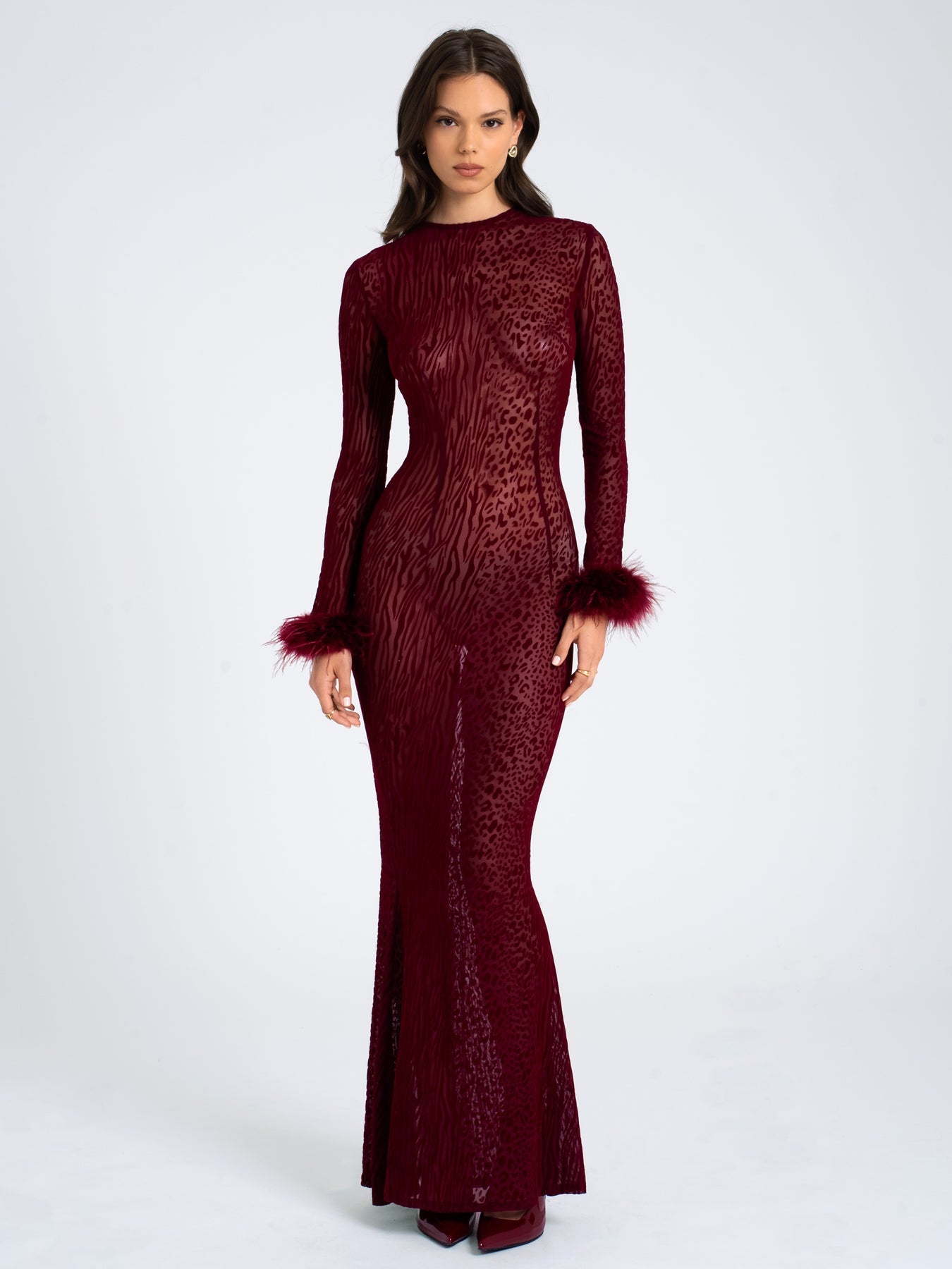 PATRICIA BURGUNDY LEOPARD BURNOUT VELVET MESH BACKLESS MAXI DRESS – Arelia's Dream