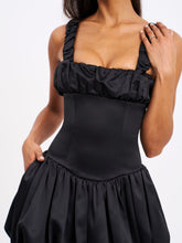 Load image into Gallery viewer, AUBREY BLACK SATIN BUBBLE HEM MINI DRESS