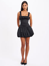 Load image into Gallery viewer, AUBREY BLACK SATIN BUBBLE HEM MINI DRESS