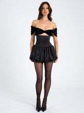 Load image into Gallery viewer, GABBY BLACK VELVET TOP BUBBLE HEM MINI DRESS