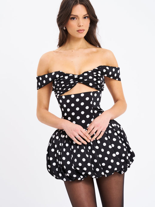 UMIKA BLACK POLKA DOTS BUBBLE HEM MINI DRESS