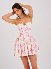 Load image into Gallery viewer, SAMARA FLORAL DROP WAIST LINEN CORSET PUFFY MINI DRESS