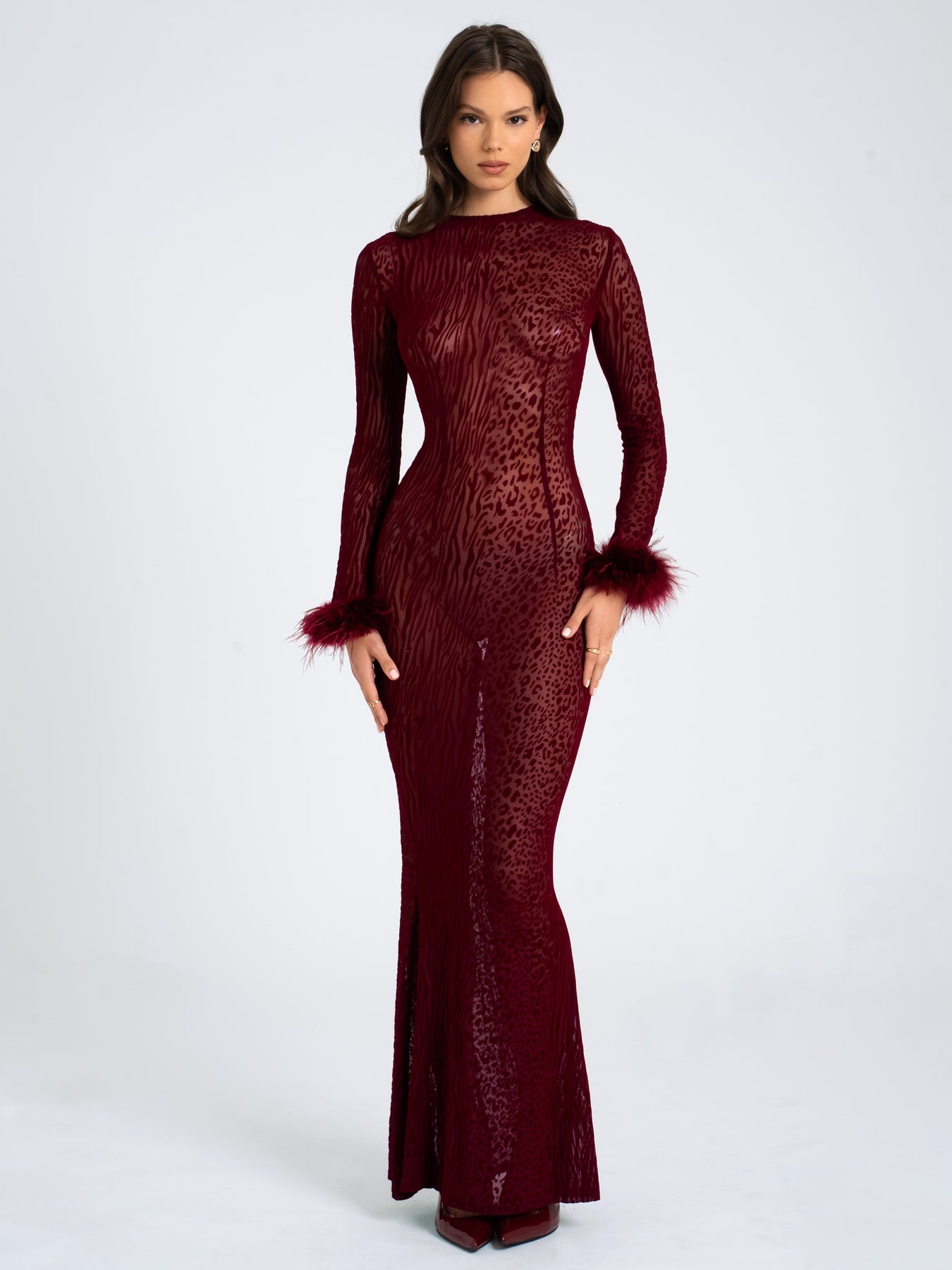 PATRICIA BURGUNDY LEOPARD BURNOUT VELVET MESH BACKLESS MAXI DRESS   Arelia's Dream