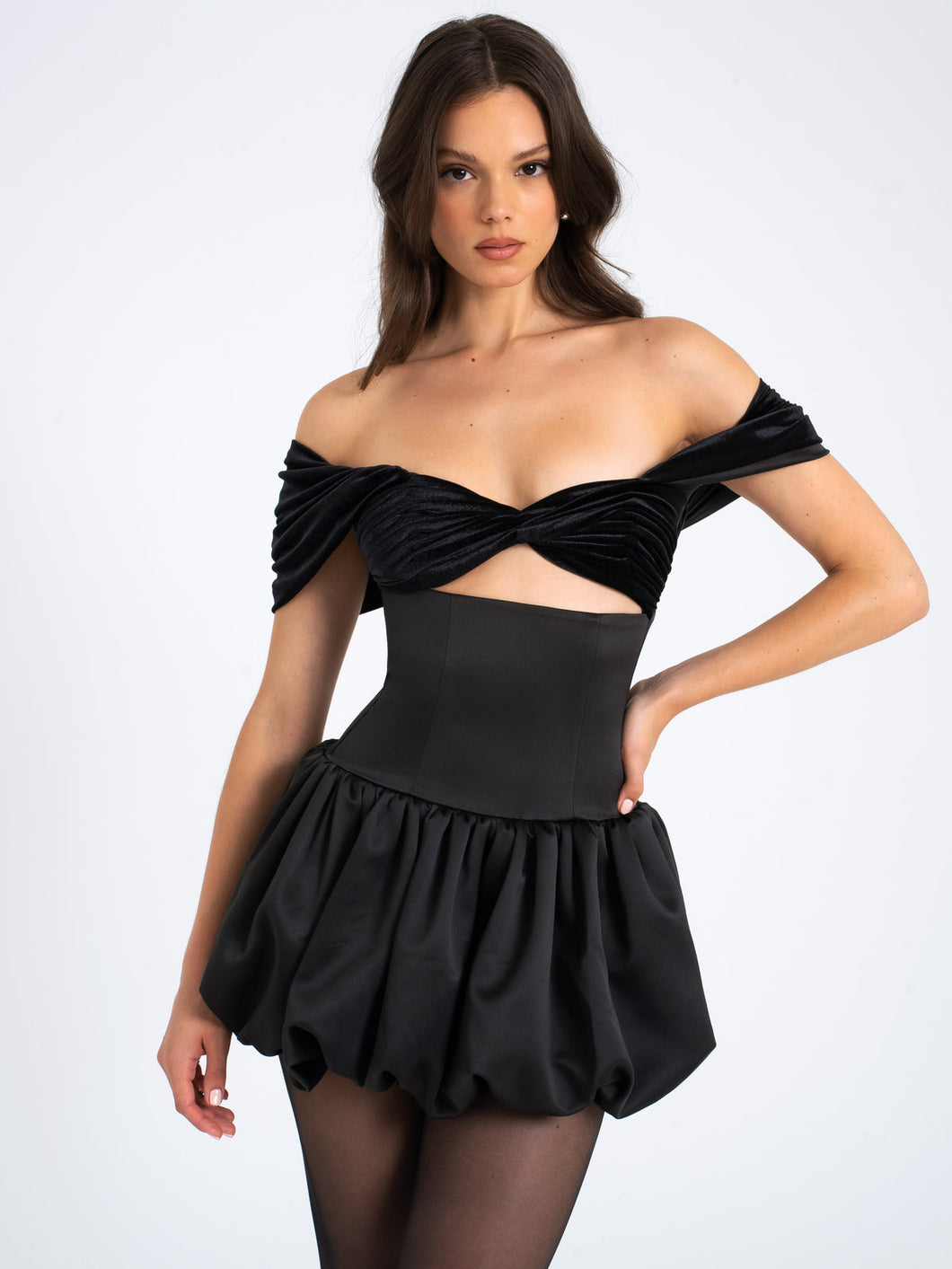 GABBY BLACK VELVET TOP BUBBLE HEM MINI DRESS