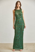 Load image into Gallery viewer, CROCHET SEQUIN HUNTER GREEN MAXI DRESS