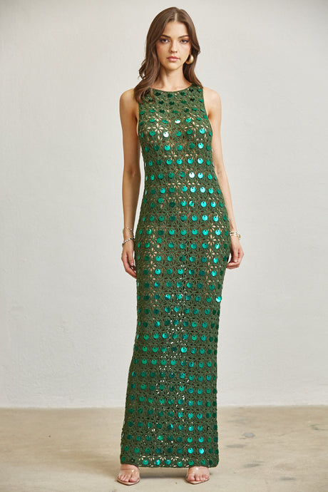 CROCHET SEQUIN HUNTER GREEN MAXI DRESS