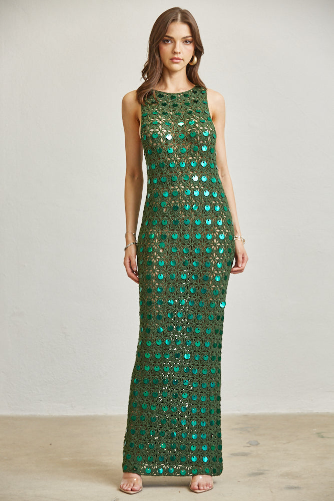 CROCHET SEQUIN HUNTER GREEN MAXI DRESS