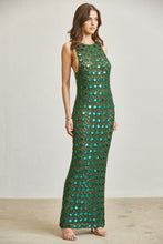 Load image into Gallery viewer, CROCHET SEQUIN HUNTER GREEN MAXI DRESS
