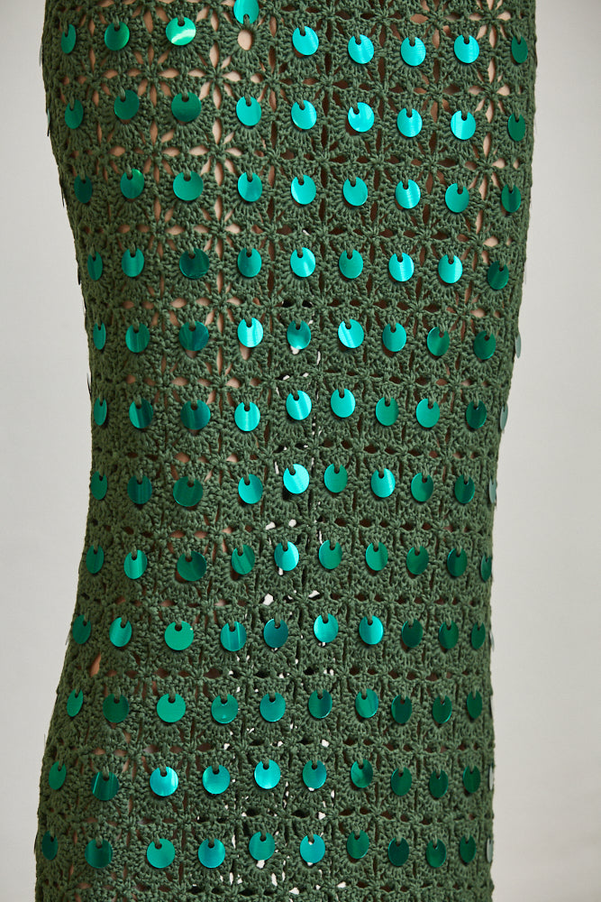 CROCHET SEQUIN HUNTER GREEN MAXI DRESS Arelia's Dream CROCHET SEQUIN HUNTER GREEN MAXI DRESS Arelia's Dream