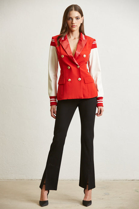 ELLA RED LEATHER VARSITY BLAZER JACKET