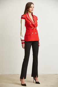 ELLA RED LEATHER VARSITY BLAZER JACKET