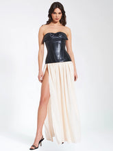 Load image into Gallery viewer, MAAYAN BLACK VEGAN LEATHER CORSET HIGH SLIT DROP WAIST MAXI DRESS