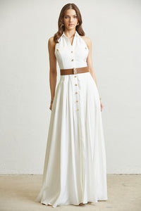 RIVIERA HALTER VESTED PLEATED MAXI DRESS